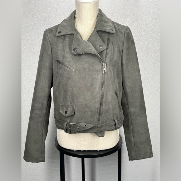Forever 21 Jackets & Blazers - Forever 21 Olive Gray Faux Suede Moto Biker Jacket Large Zip Up